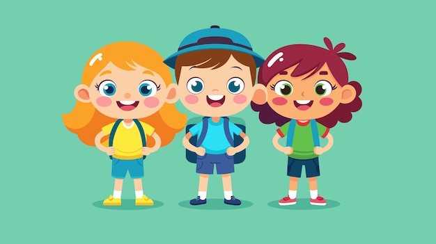 Vector niños de dibujos animados felices con mochilas listos para la aventura escolar