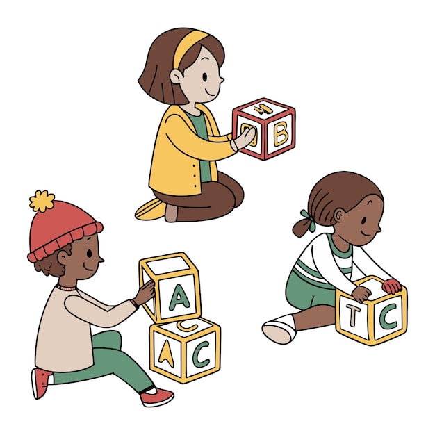 Niños de dibujos animados jugando a apilar bloques de alfabeto ilustración vectorial