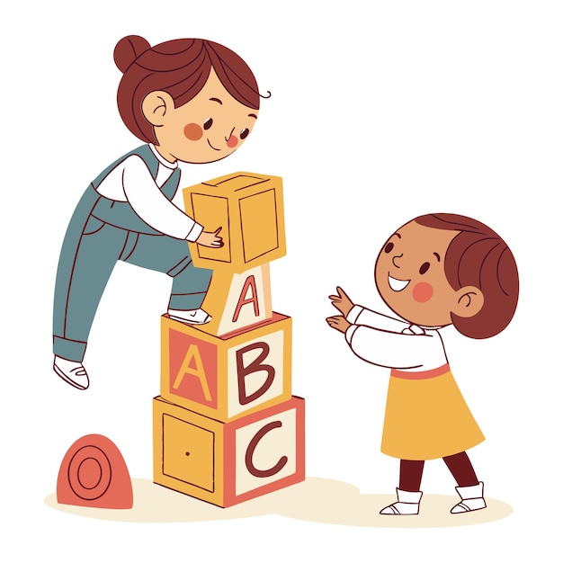Niños de dibujos animados jugando a apilar bloques de alfabeto ilustración vectorial