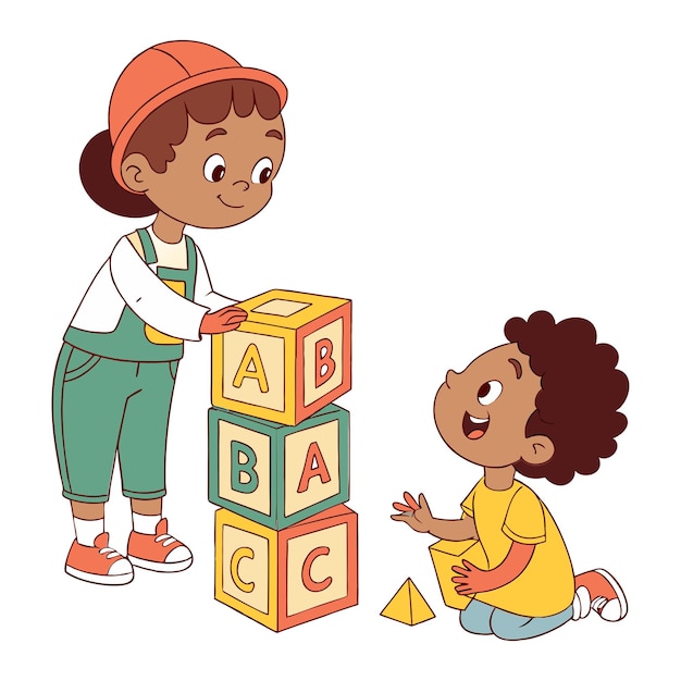 Niños de dibujos animados jugando a apilar bloques de alfabeto ilustración vectorial