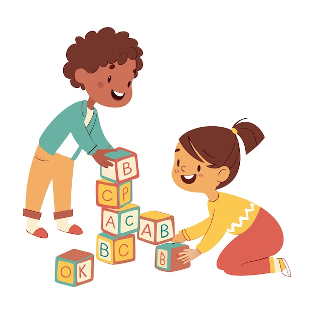 Niños de dibujos animados jugando a apilar bloques de alfabeto ilustración vectorial