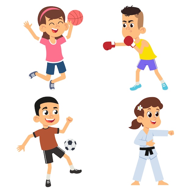 Niños de dibujos animados jugando deportes. fútbol y boxeo para niños,  voleibol y kárate para niñas. ilustración