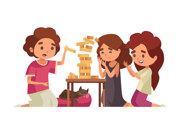 Vector niños de dibujos animados jugando jenga