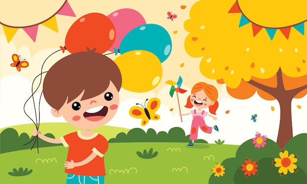 Niños de dibujos animados jugando en la naturaleza