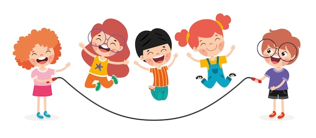 Niños de dibujos animados jugando a saltar la cuerda