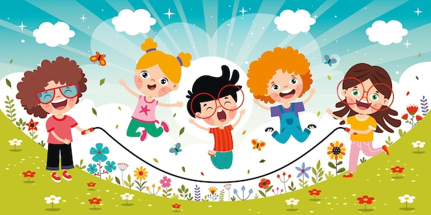 Niños de dibujos animados jugando a saltar la cuerda