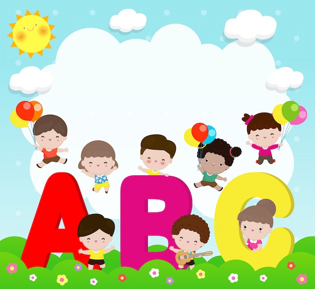 niños de dibujos animados con letras ABC, niños de escuela con ABC, niños con letras ABC, ilustración vectorial de fondo