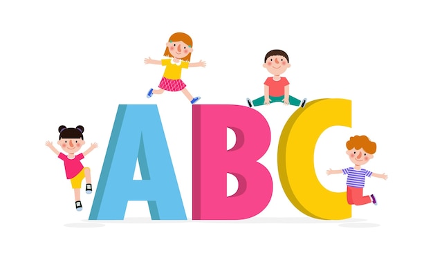 Vector niños de dibujos animados con letras abc niños de la escuela con niños abc con letras abc vector aislado