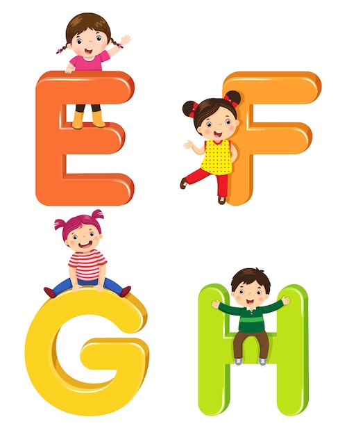 Vector niños de dibujos animados con letras efgh