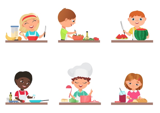 Vector niños de dibujos animados lindo preparando comida en la cocina aislada