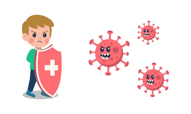 Niños de dibujos animados luchando contra el virus corona.