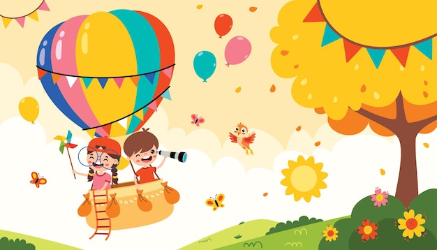 Niños de dibujos animados montando un globo aerostático