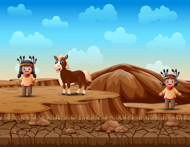 Niños de dibujos animados nativo americano indio en paisaje de tierra seca