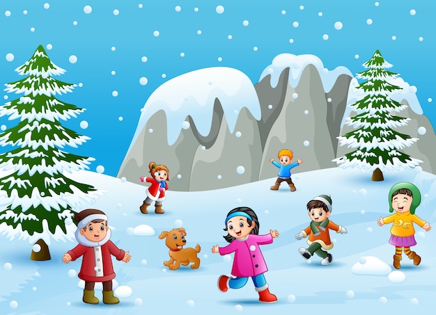 Niños de dibujos animados y perro jugando en la nieve