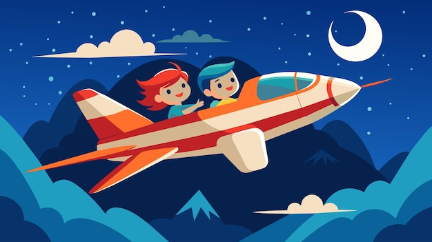 Vector niños de dibujos animados volando en avión sobre las montañas por la noche