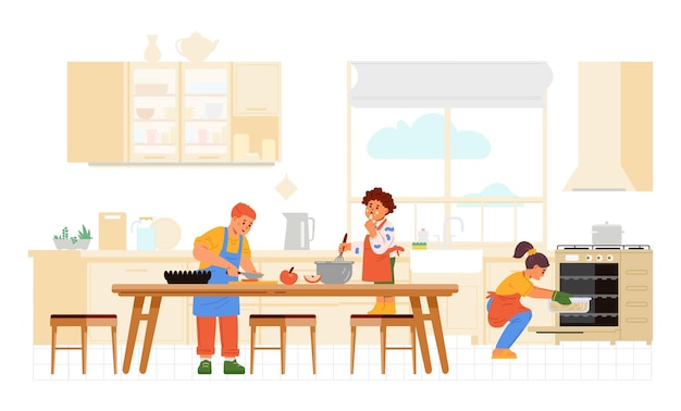 Niños de diferentes edades cocinando juntos en la cocina