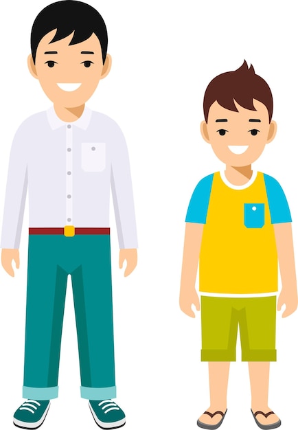 Niños de diferentes edades de pie juntos en ropa diversa en ilustración vectorial de estilo plano