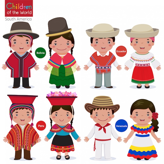 Vector niños en diferentes trajes tradicionales-bolivia-ecuador-perú-venezuela