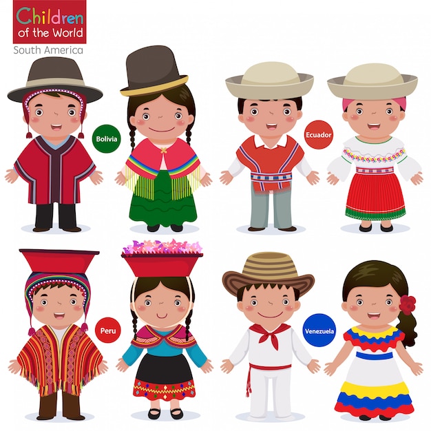 Niños en diferentes trajes tradicionales-bolivia-ecuador-perú-venezuela