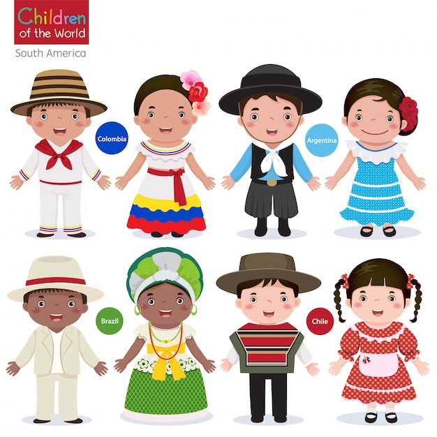Vector niños con diferentes trajes tradicionales-colombia-argentina-brasil-chile