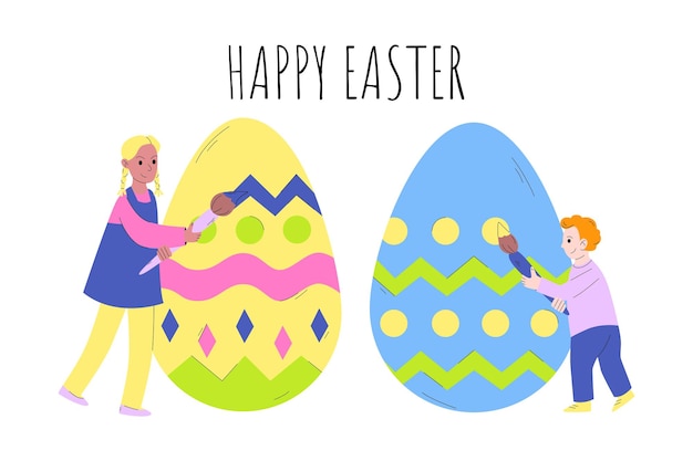 Vector niños diminutos pintan huevos de pascua. felices pascuas. el concepto de preparación para la pascua, celebrando la pascua con toda la familia.