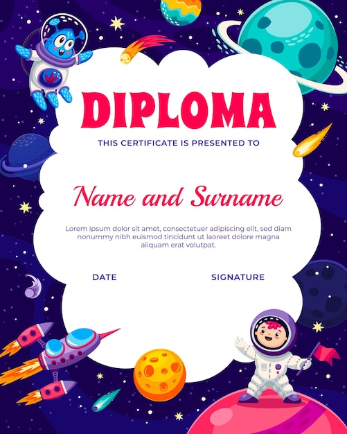 Niños con diploma de astronauta niño alienígena y planetas