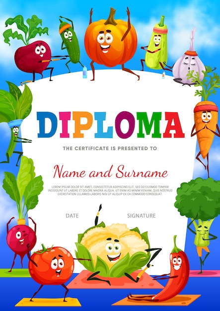 Niños diploma certificado dibujos animados verduras en yoga deporte frontera vectorial con remolacha pepino calabaza y calabaza o ajo zanahoria brócoli chile y coliflor tomate rábano y espinacas