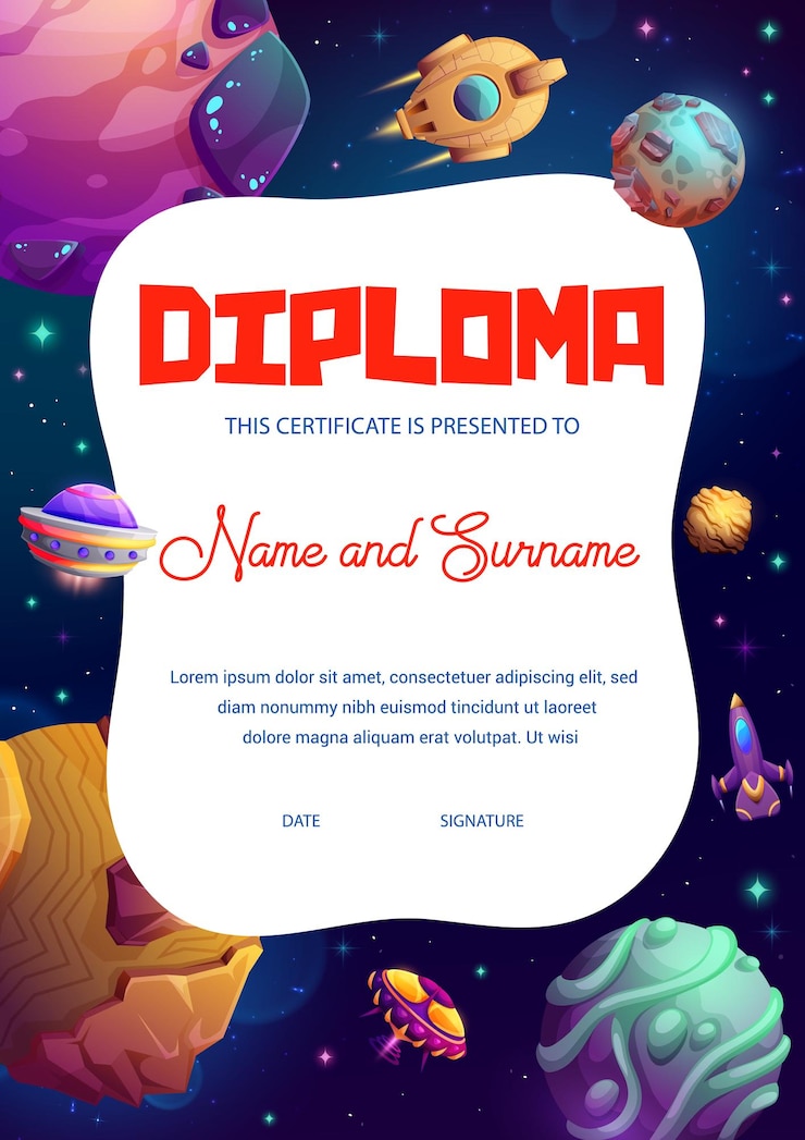 Vector niños diploma dibujos animados naves estelares y planetas espaciales
