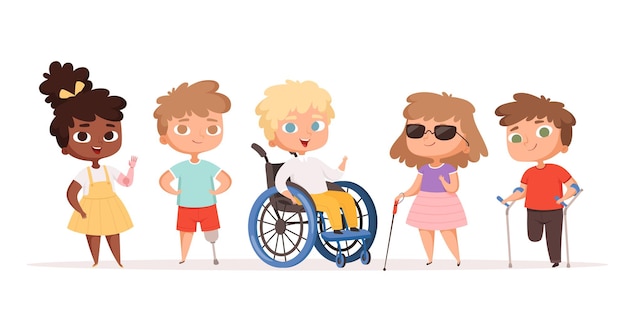 Vector niños discapacitados. niños en silla de ruedas, personas malsanas, discapacitados.