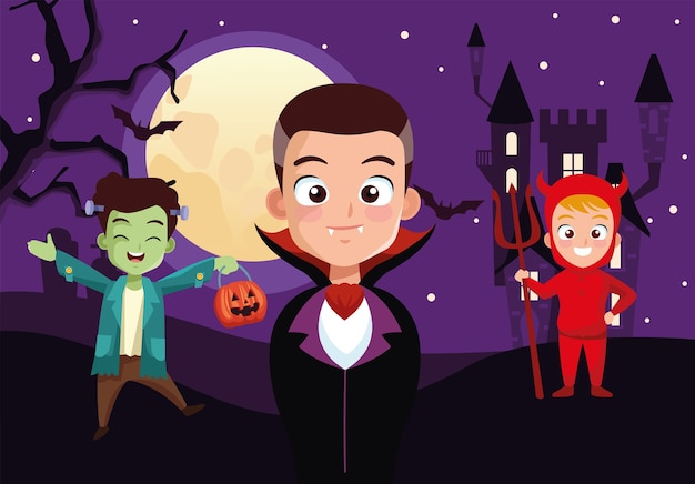 Niños con disfraces de halloween en frente de la casa en el diseño de noche, vacaciones y tema aterrador