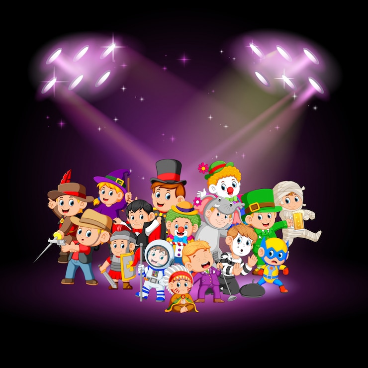 Vector niños disfrazados en el escenario.