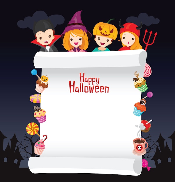 Vector niños disfrazados de halloween en marco decorado con dulces y caramelos