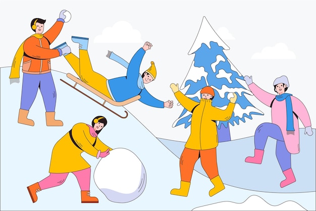 Niños disfrutando de las actividades de invierno de temporada en el parque niña haciendo un lindo muñeco de nieve saltando niño montando trineo tobogán tirar bola de nieve Personajes de dibujos animados con contorno Ilustraciones vectoriales