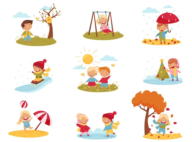 Niños disfrutando de las cuatro estaciones jugando a las bolas de nieve luchando caminando con paraguas y trineos set vectorial cuesta abajo
