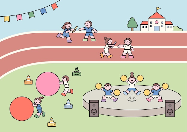 Niños disfrutando de un día deportivo escolar con carreras de relevos, juegos de pelota y porristas