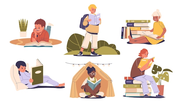 Niños disfrutando de la lectura en varias posturas Ilustración vectorial de dibujos animados representa a niños con libros