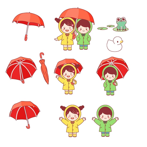 Niños disfrutando de la lluvia con paraguas y impermeables