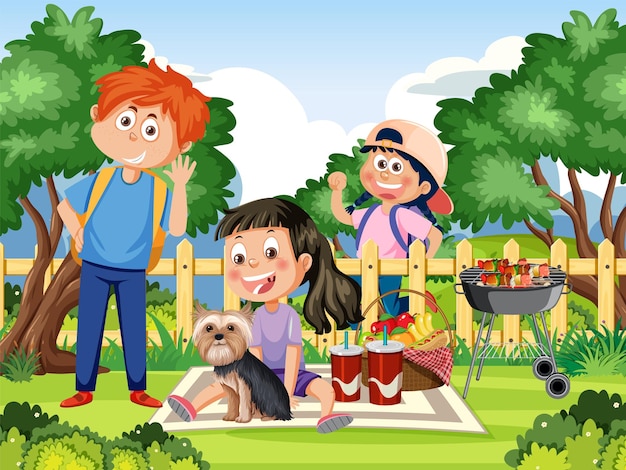 Niños disfrutando de un picnic en un patio trasero rural