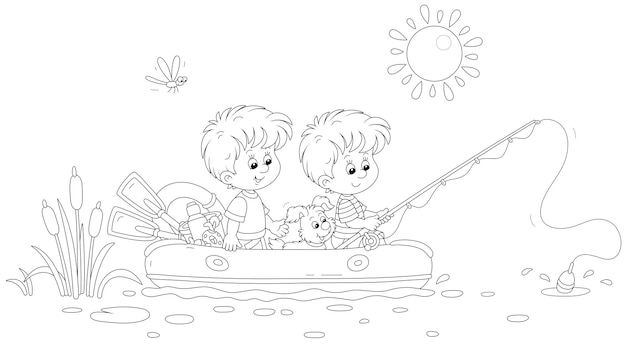 Niños divertidos y un cachorro en un bote inflable pescando en un hermoso lago en un día soleado de verano
