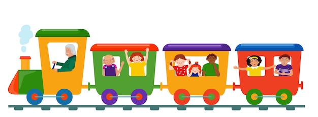 Niños divertidos y divertidos viajan en un tren de colores. Personajes de caricatura.