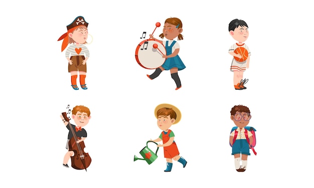 Niños divertidos jugando al pirata y regando el conjunto vectorial de flores