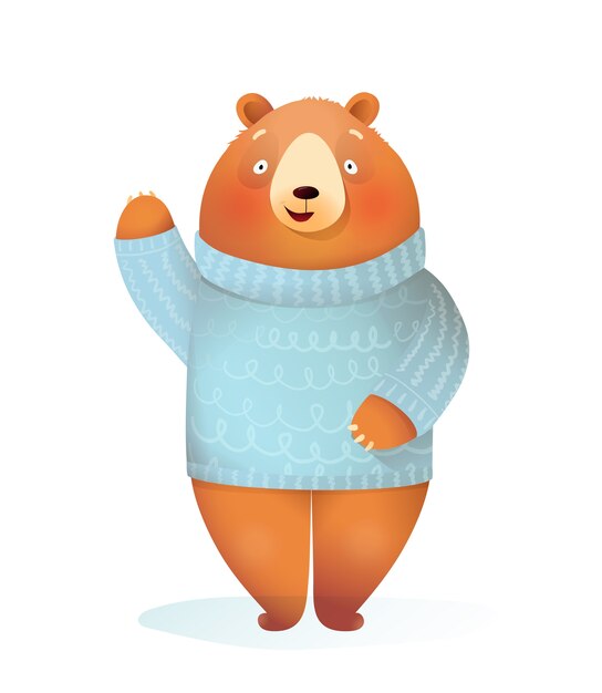 Niños divertidos oso vistiendo suéter de punto de pie saludando con carácter de tarjeta de felicitación de invierno y Navidad para niños. Niños alegres ilustración animal, dibujos animados en estilo acuarela.