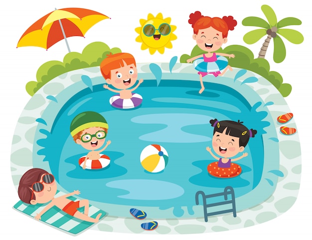 Vector niños divertidos y piscina