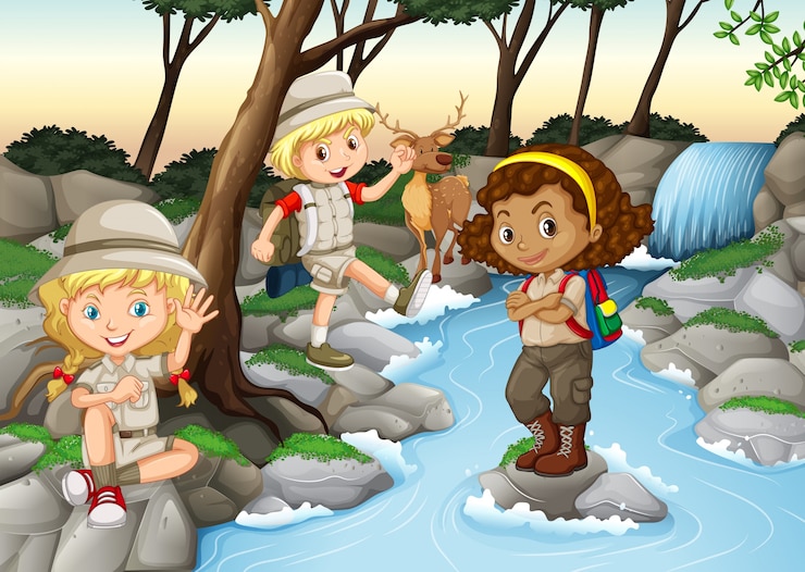 Vector niños divirtiéndose en la cascada