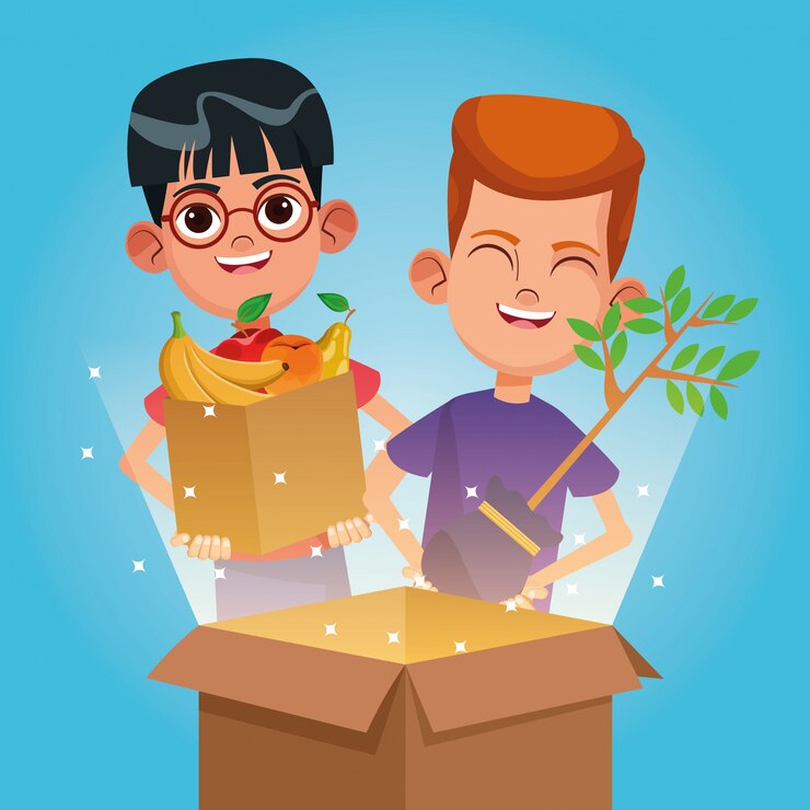 Vector niños con donaciones benéficas.