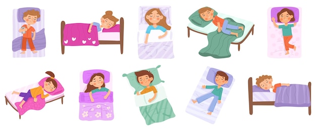 Vector niños durmiendo bebé a la hora de acostarse niño pequeño siesta personajes jardín de infantes tiempo de siesta niños y niñas duermen en camas vector ilustración conjunto los niños sueñan tiempo