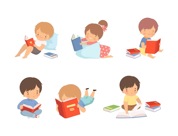 Niños en edad preescolar leyendo libros mientras están tendidos y sentados en el suelo.