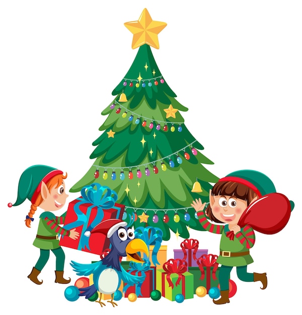 Niños elfos navideños con árbol de Navidad