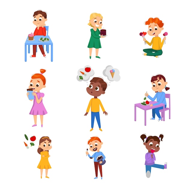 Los niños eligen entre alimentos saludables y no saludables Los niños y las niñas no les gustan las verduras y disfrutan de comer postres dulces Ilustración vectorial al estilo de dibujos animados