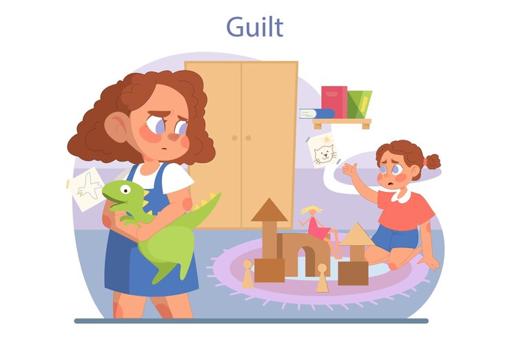 Vector niños emociones avergonzadas niña se siente culpable tomando un juguete de otro niño hermanas jugando